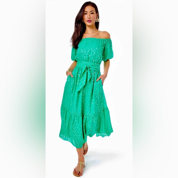Lilly Pulitzer Dresses & Skirts - NWT Lilly Pulitzer Tami Off-the-Shoulder MIDI Dress, Botanical Green, Medium